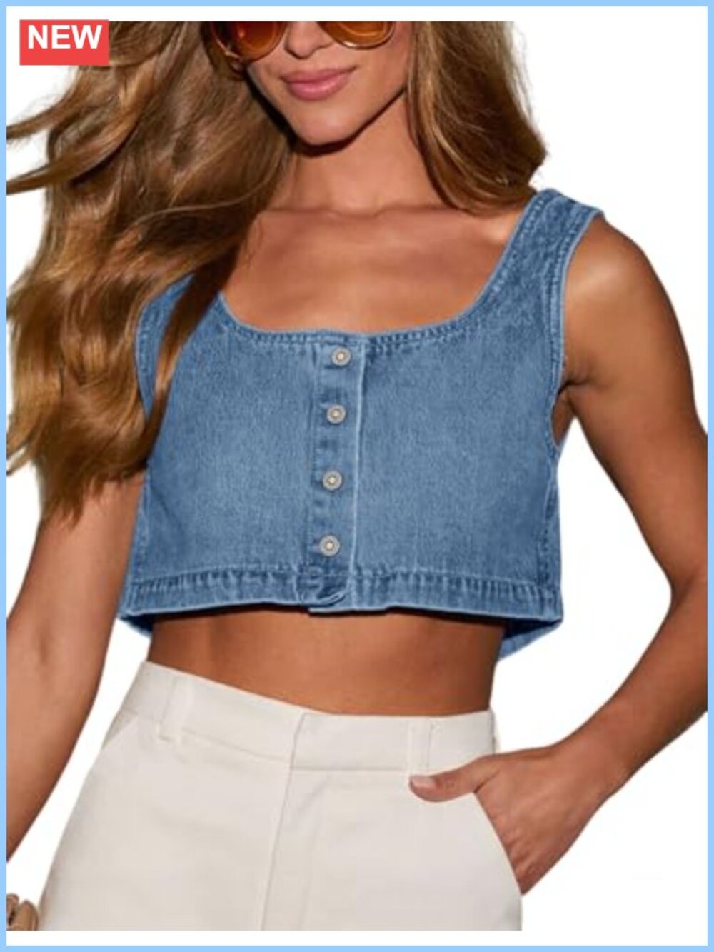 Women's Reversible Denim Crop Tank Top Button Front Sleeveless Cami